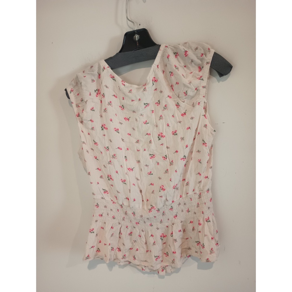 Moral Fiber Womens Large Floral Peplum Top Cream Pink Smocked Waist Button Up L - Picture 4 of 6